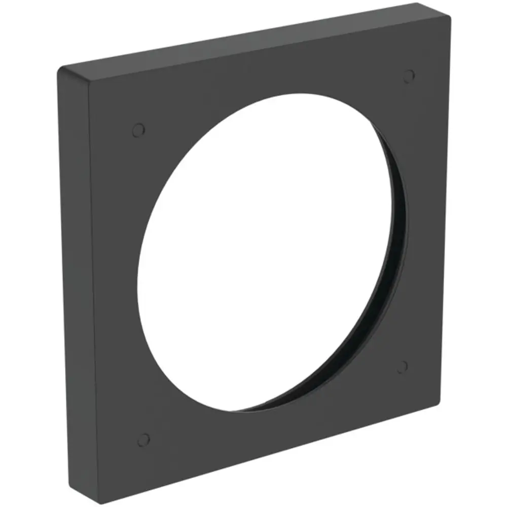Schwarzer Distanzrahmen mit quadratischer Form und einem runden Ausschnitt in der Mitte, hergestellt von Ideal Standard. Befestigungslöcher sind sichtbar.